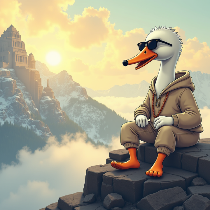 Cool swan sitting on mountain peak at sunset